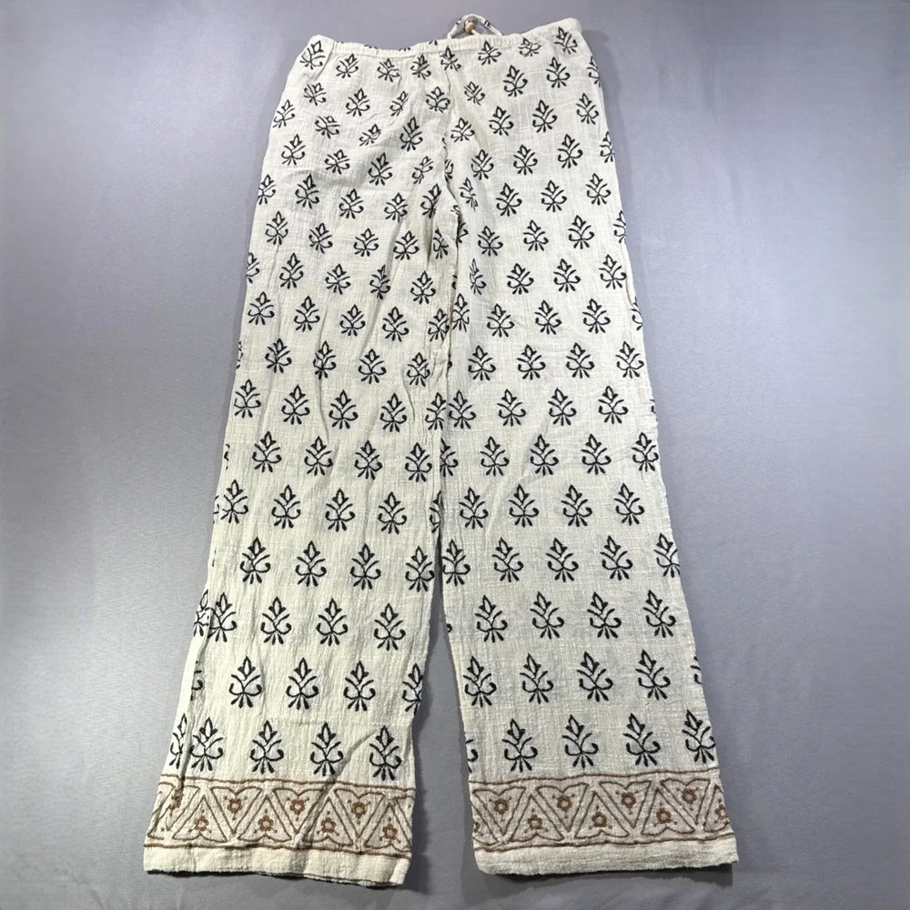 ZARA Women L Cotton Blend Wide Leg Boho Pants Embroidered Floral Cream Black L
